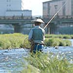 中津川で釣りをする人